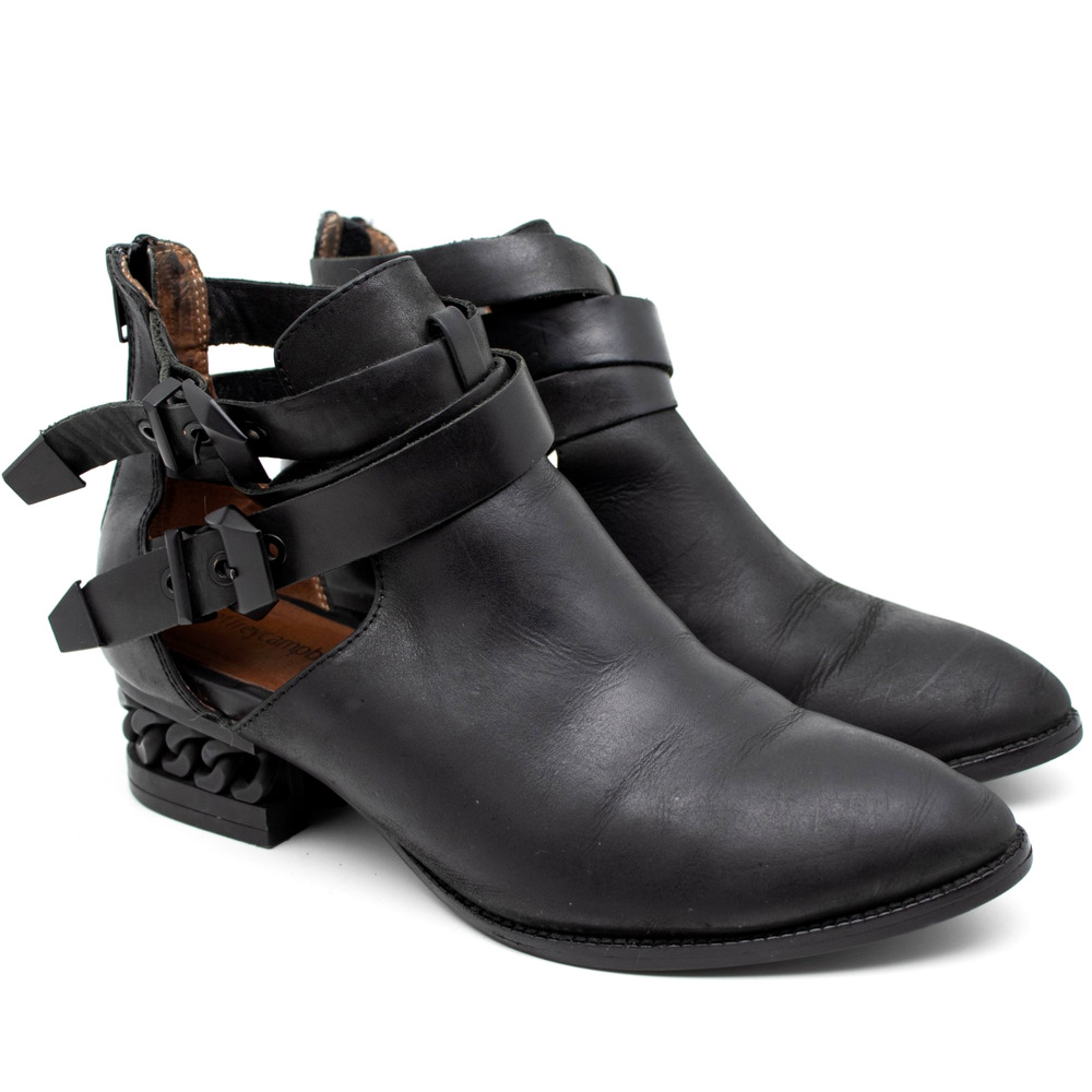 Jeffrey Campbell Everly Black Leather Chainlink Heel Ankle Boots Womens SIZE 8.5